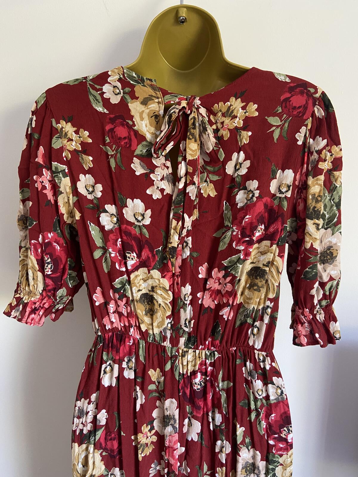 F&F UK 8 Red Floral Maxi Summer Dress V-Neck Puff Sleeve Viscose Floaty