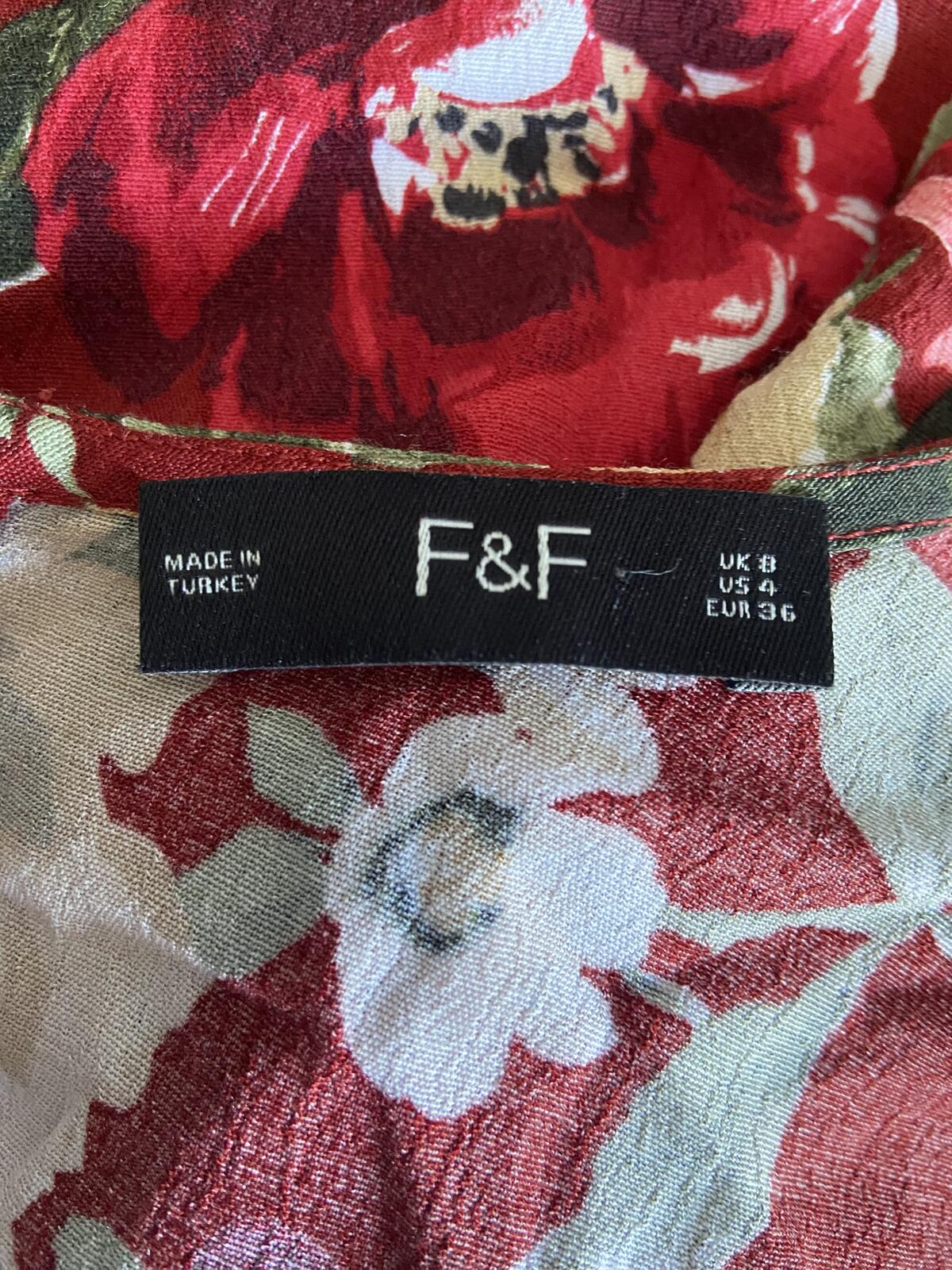 F&F UK 8 Red Floral Maxi Summer Dress V-Neck Puff Sleeve Viscose Floaty