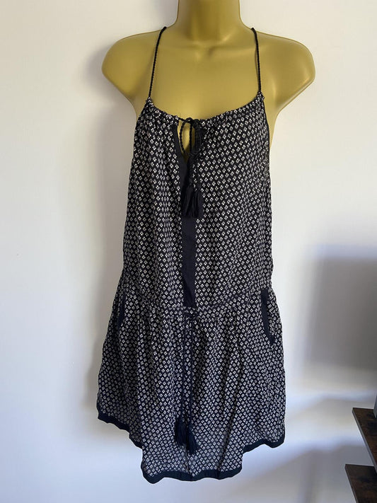 Next UK 12 Black Cream Geometric Floral Summer Dress Pockets Viscose