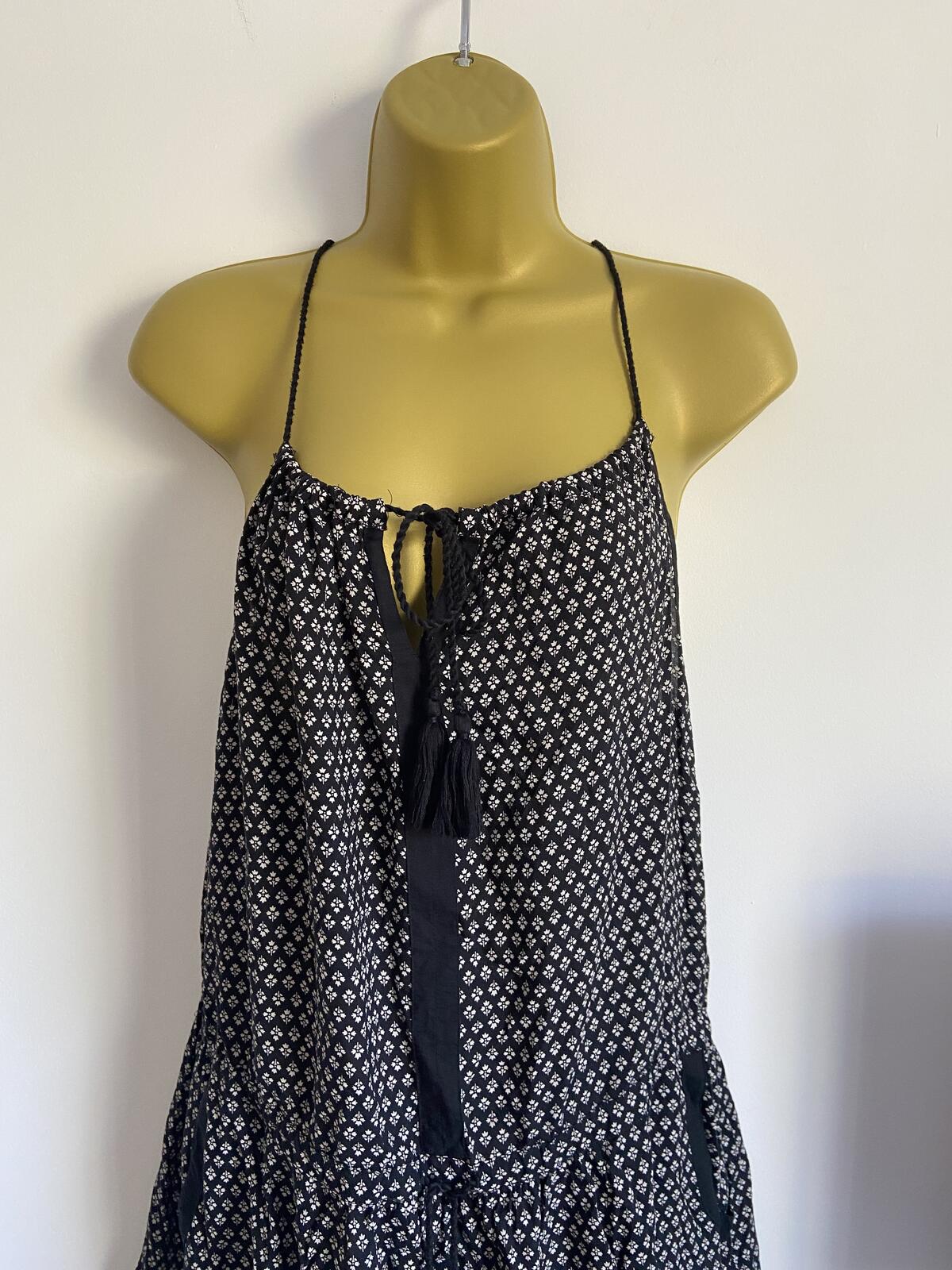 Next UK 12 Black Cream Geometric Floral Summer Dress Pockets Viscose