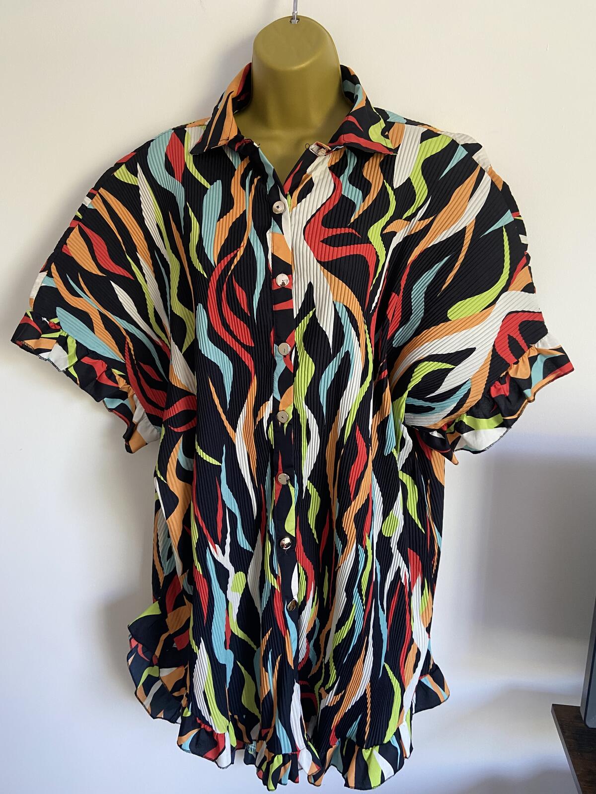 Monte Carlo Italia Size L Abstract Plisse Shirt Dress Colorful Ruffle Hem
