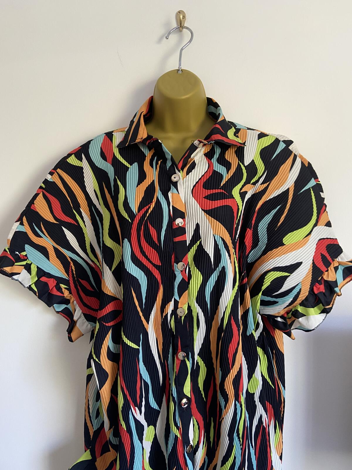Monte Carlo Italia Size L Abstract Plisse Shirt Dress Colorful Ruffle Hem