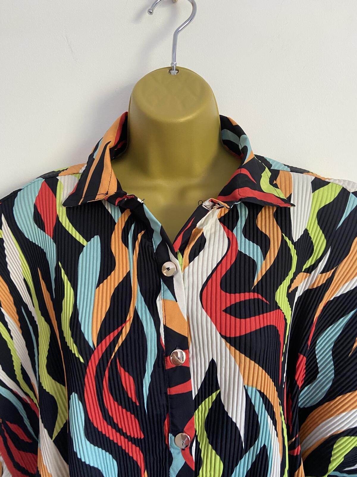 Monte Carlo Italia Size L Abstract Plisse Shirt Dress Colorful Ruffle Hem