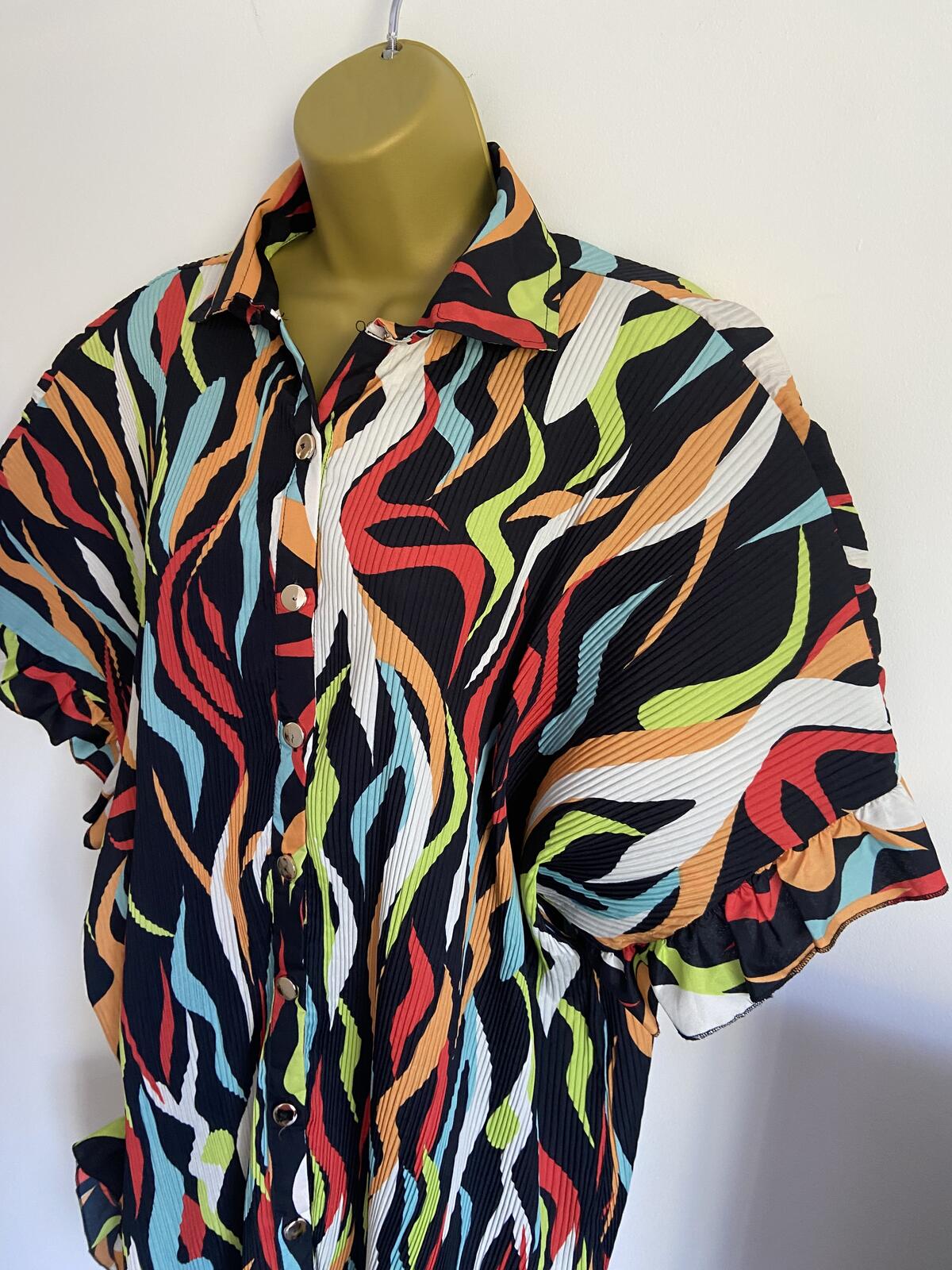 Monte Carlo Italia Size L Abstract Plisse Shirt Dress Colorful Ruffle Hem