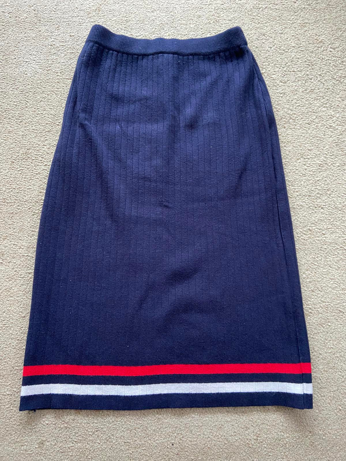 Striped Knit Pencil Skirt - Elasticated Waist, Navy/Red/White, Size Small
