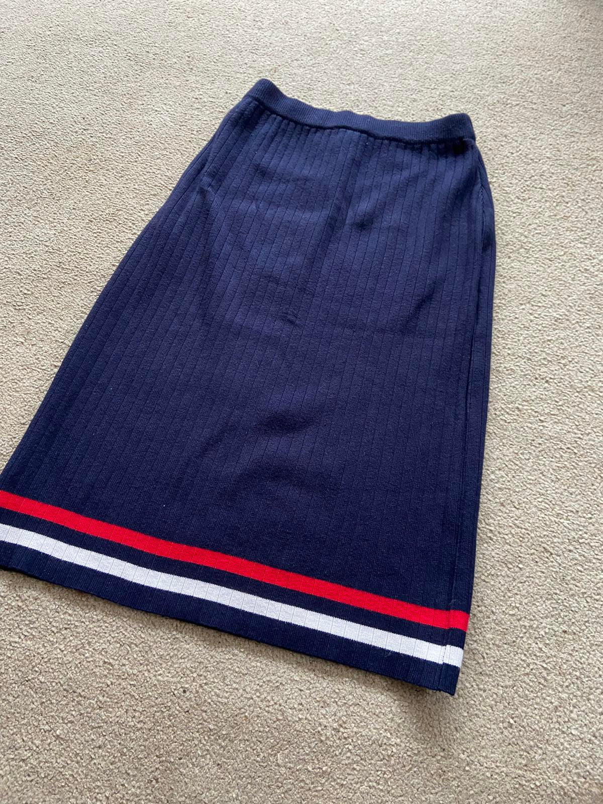 Striped Knit Pencil Skirt - Elasticated Waist, Navy/Red/White, Size Small