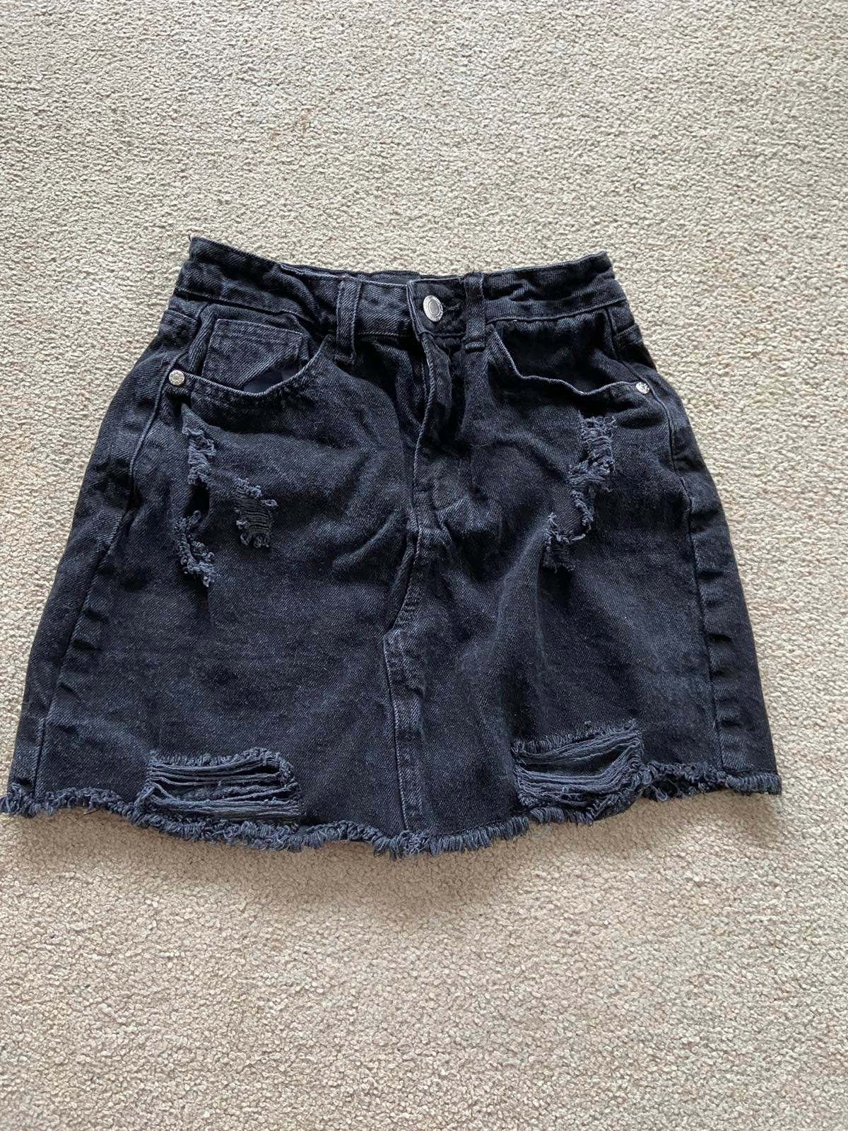 PrettyLittleThing (PLT) Black Distressed Denim Mini Skirt - Size UK 4