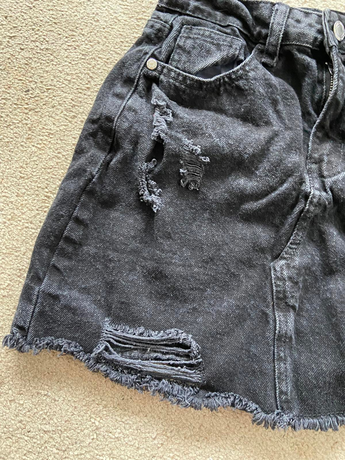 PrettyLittleThing (PLT) Black Distressed Denim Mini Skirt - Size UK 4