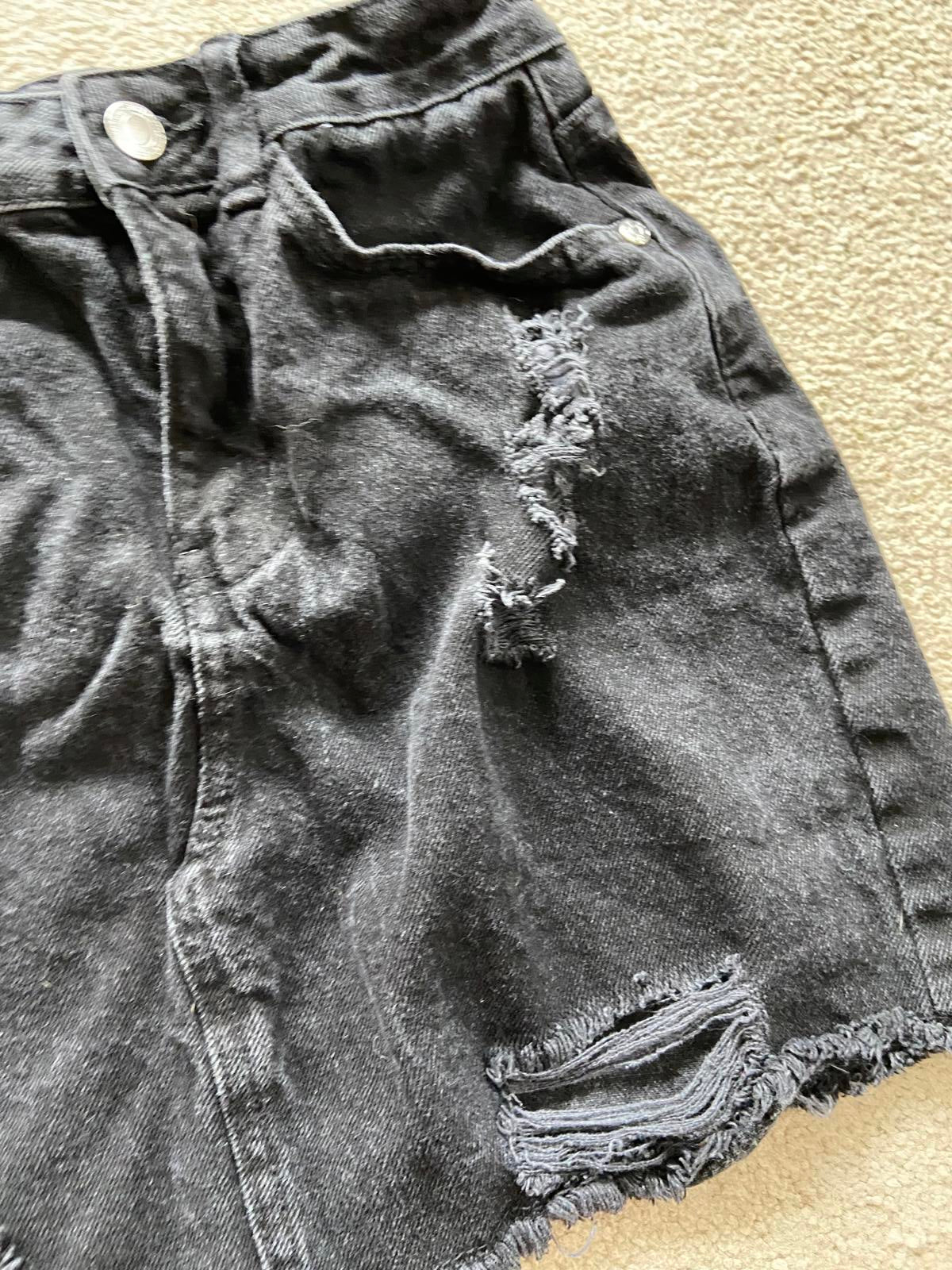 PrettyLittleThing (PLT) Black Distressed Denim Mini Skirt - Size UK 4