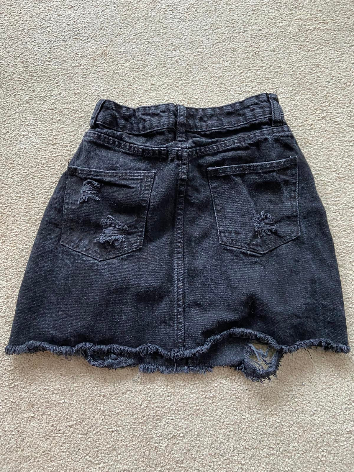 PrettyLittleThing (PLT) Black Distressed Denim Mini Skirt - Size UK 4