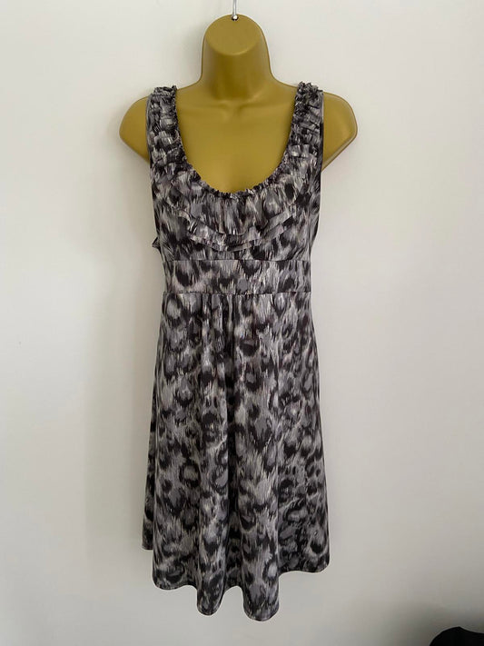 Dorothy Perkins Size 18 Grey Leopard Print Ruffle Neck Sleeveless Tea Dress