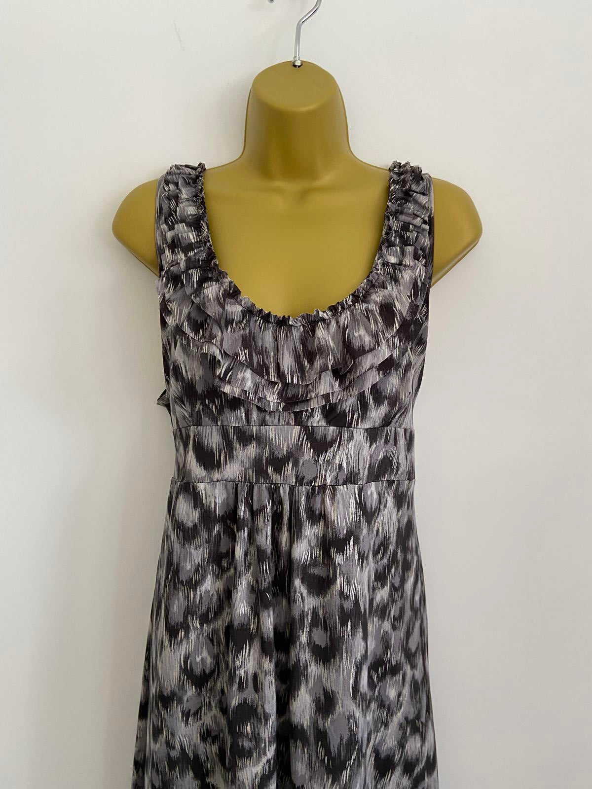 Dorothy Perkins Size 18 Grey Leopard Print Ruffle Neck Sleeveless Tea Dress