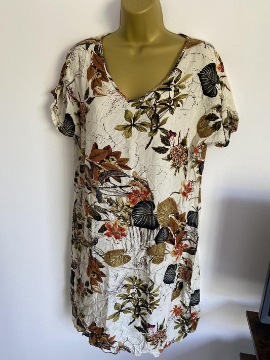 Large Autumn Leaf Pattern T-Shirt Dress Cream Brown Scoop Neck Casual Summer