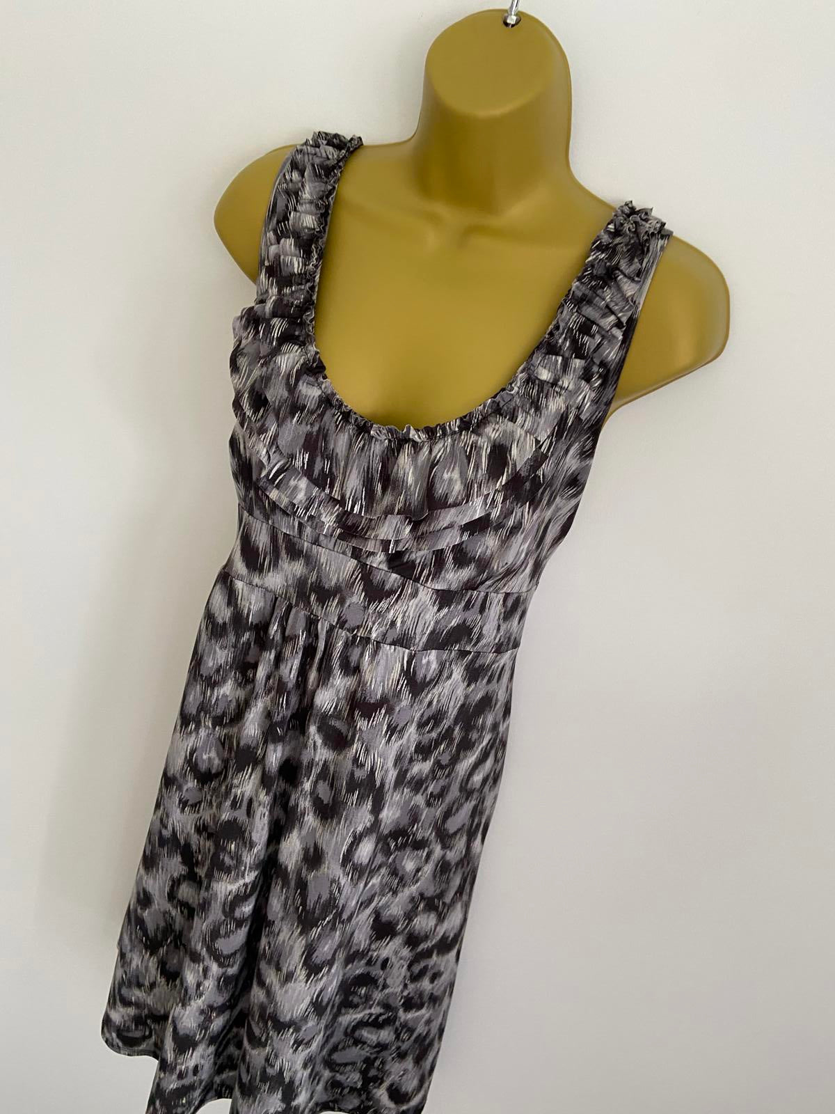 Dorothy Perkins Size 18 Grey Leopard Print Ruffle Neck Sleeveless Tea Dress