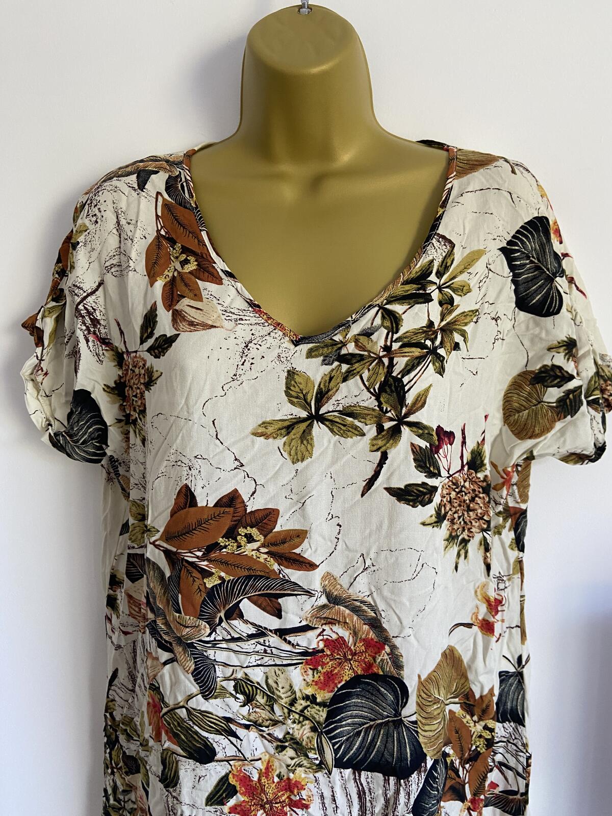 Large Autumn Leaf Pattern T-Shirt Dress Cream Brown Scoop Neck Casual Summer