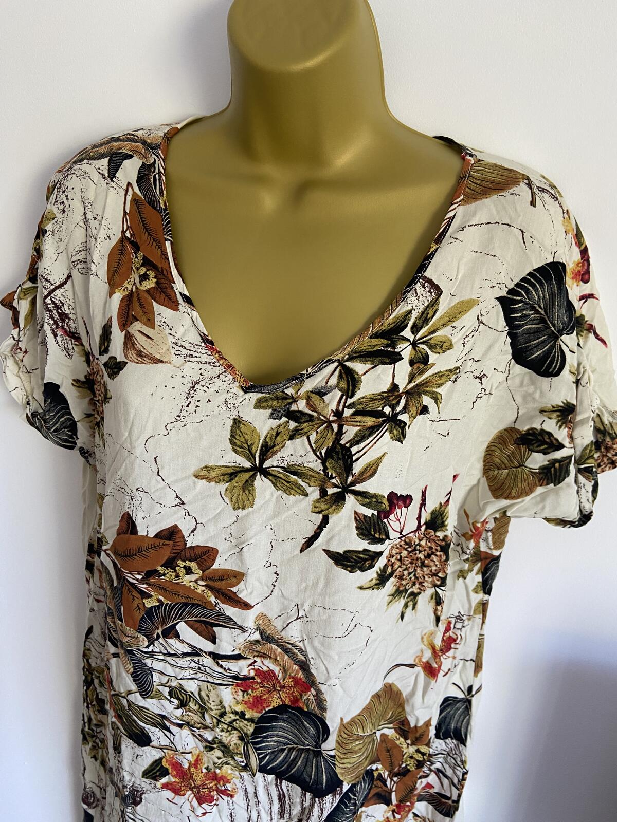 Large Autumn Leaf Pattern T-Shirt Dress Cream Brown Scoop Neck Casual Summer