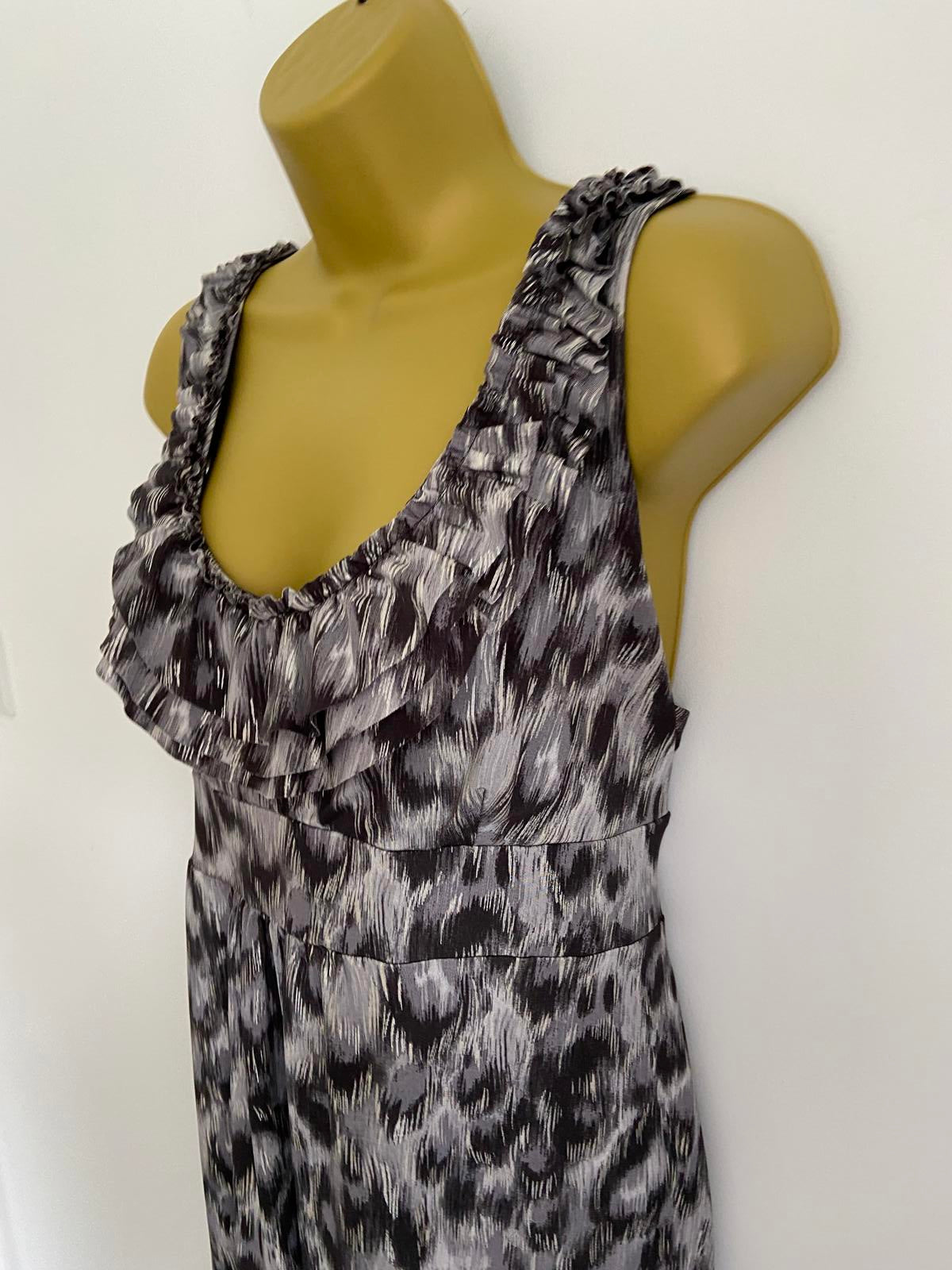 Dorothy Perkins Size 18 Grey Leopard Print Ruffle Neck Sleeveless Tea Dress