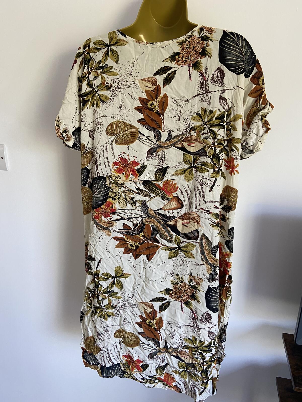 Large Autumn Leaf Pattern T-Shirt Dress Cream Brown Scoop Neck Casual Summer