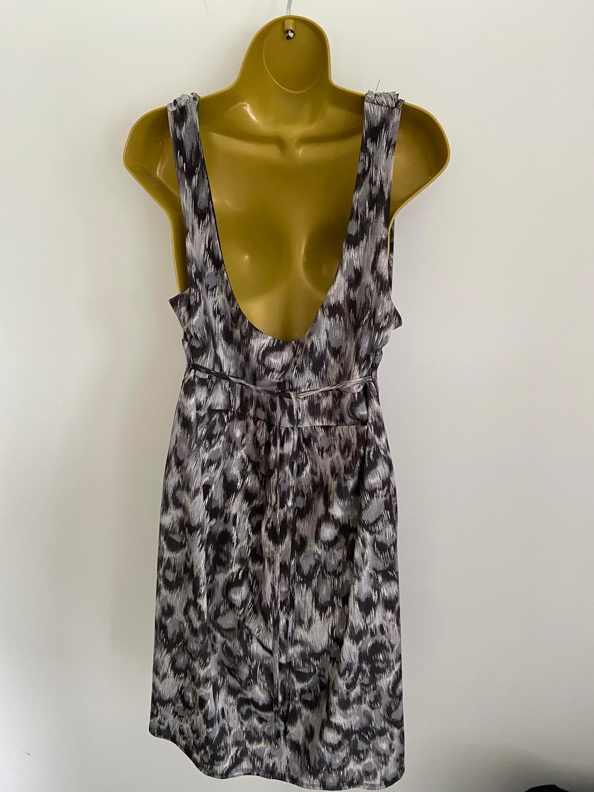 Dorothy Perkins Size 18 Grey Leopard Print Ruffle Neck Sleeveless Tea Dress
