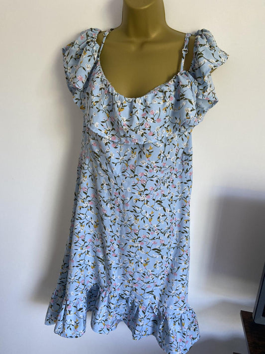 Shein XL Baby Blue Floral Summer Dress Ruffle Off Shoulder Adjustable Straps