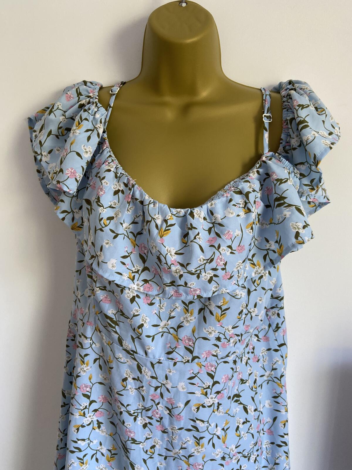 Shein XL Baby Blue Floral Summer Dress Ruffle Off Shoulder Adjustable Straps