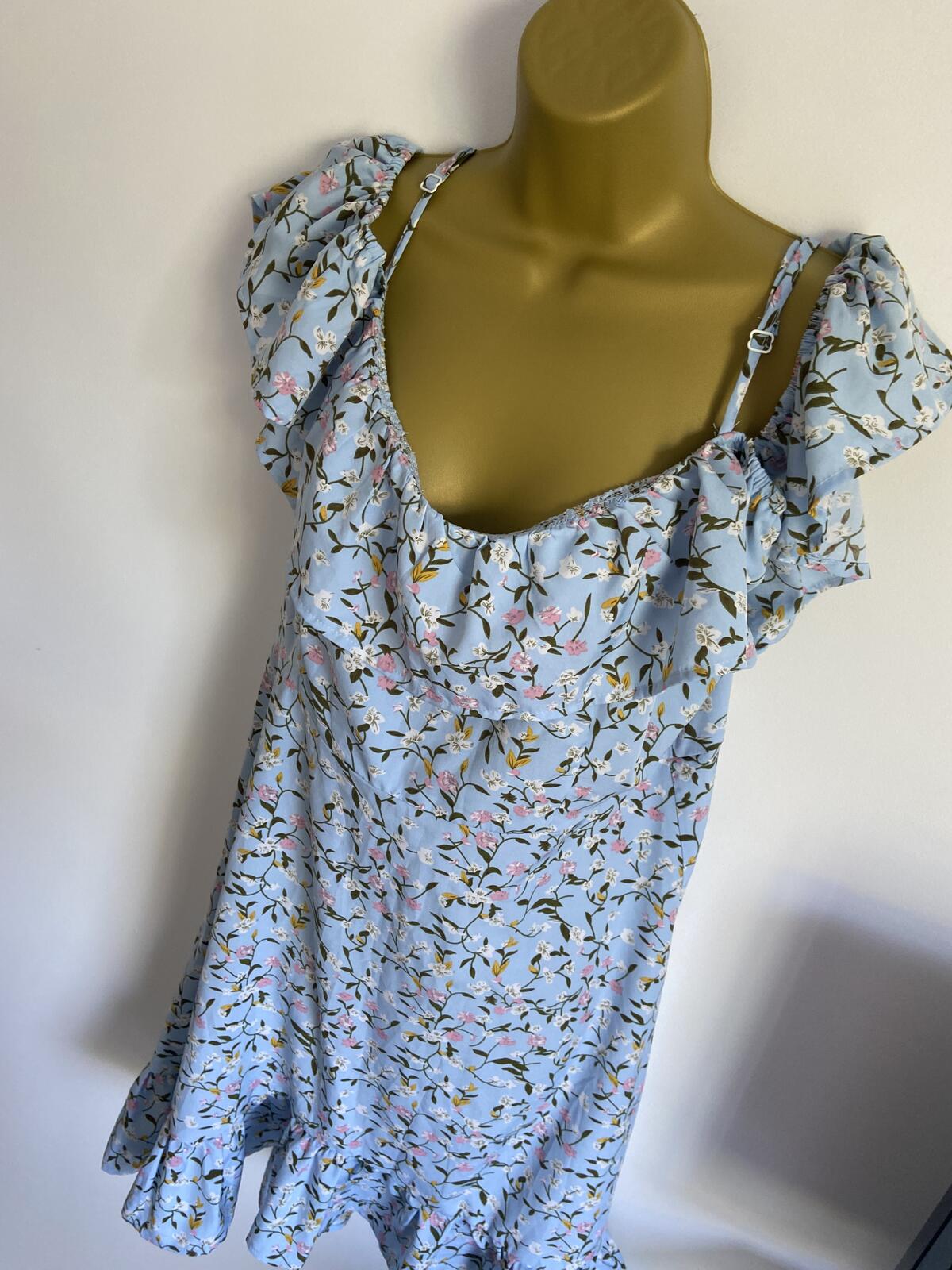 Shein XL Baby Blue Floral Summer Dress Ruffle Off Shoulder Adjustable Straps