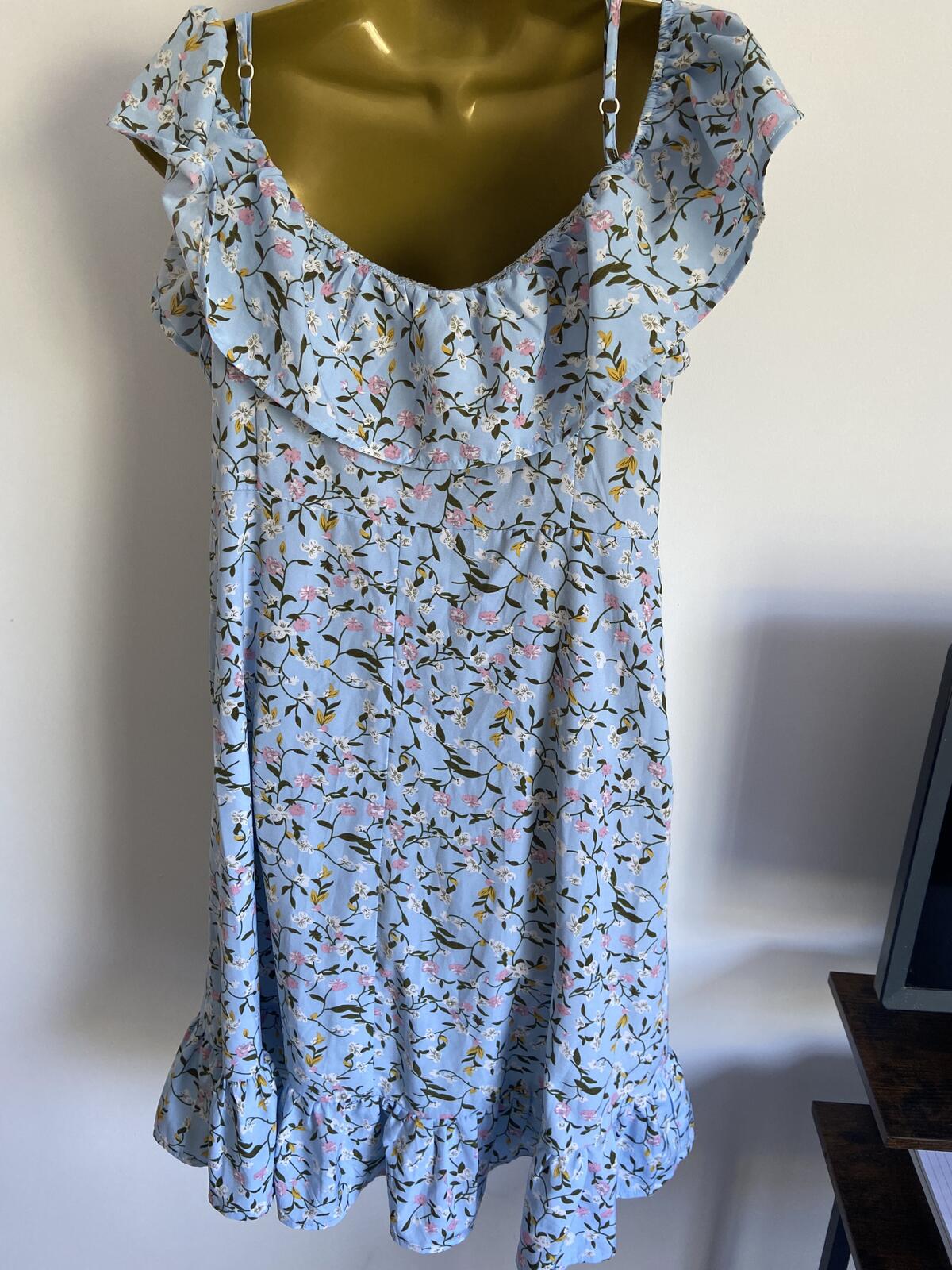 Shein XL Baby Blue Floral Summer Dress Ruffle Off Shoulder Adjustable Straps