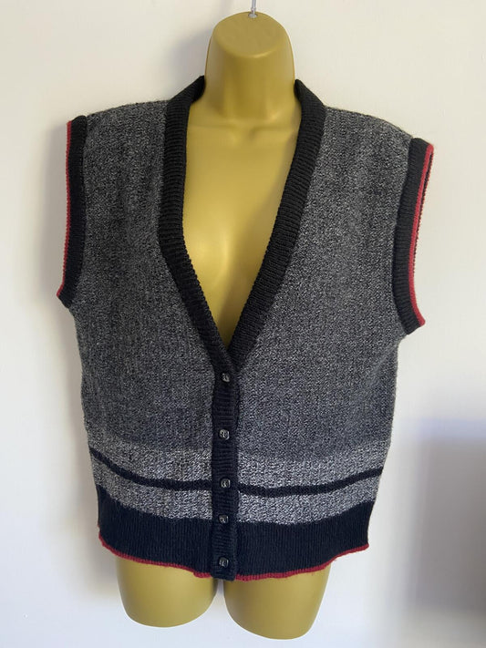 Dereta Grey, Black & Red Knitted Sleeveless Cardigan Vest - Size Large