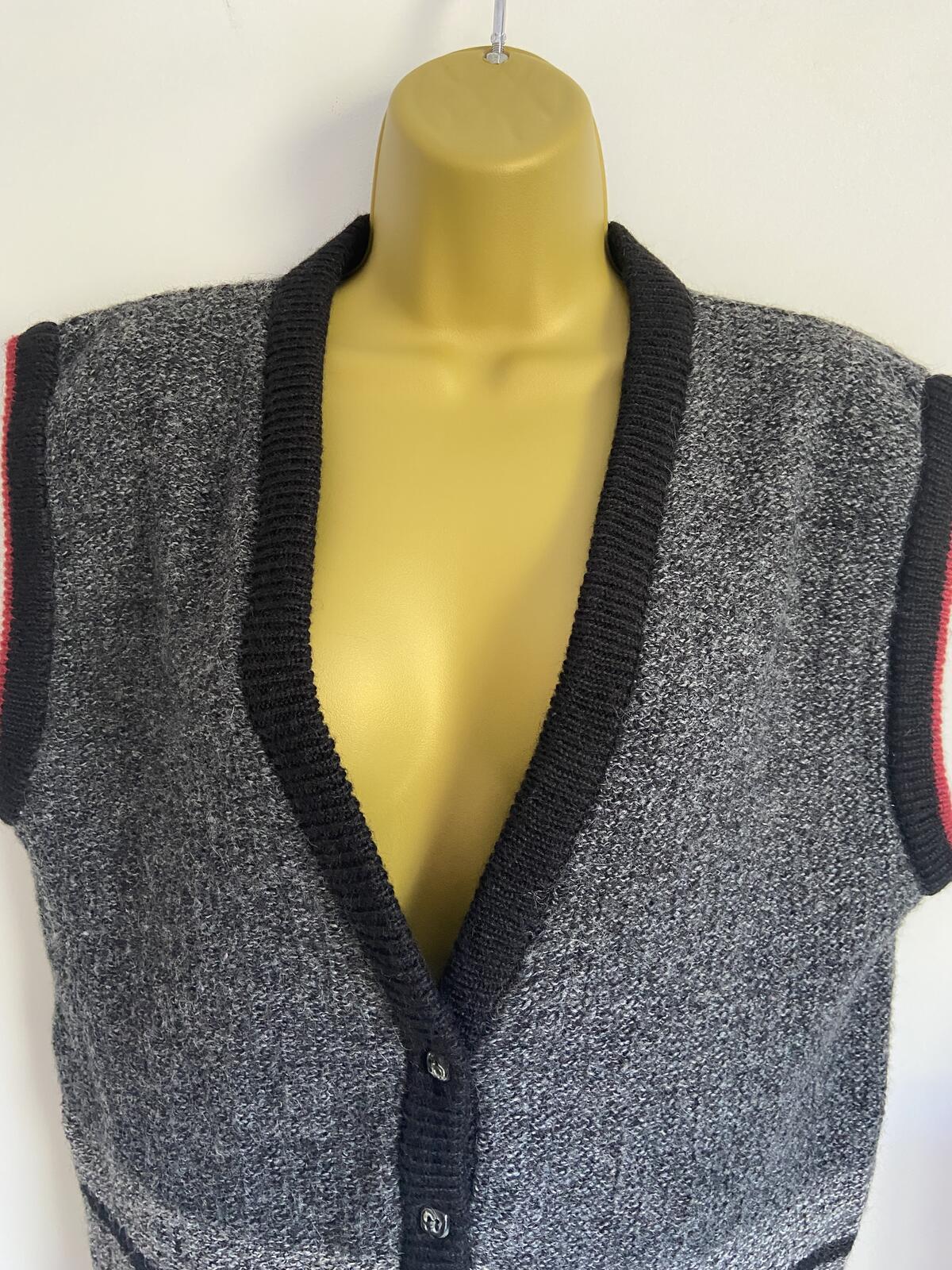 Dereta Grey, Black & Red Knitted Sleeveless Cardigan Vest - Size Large