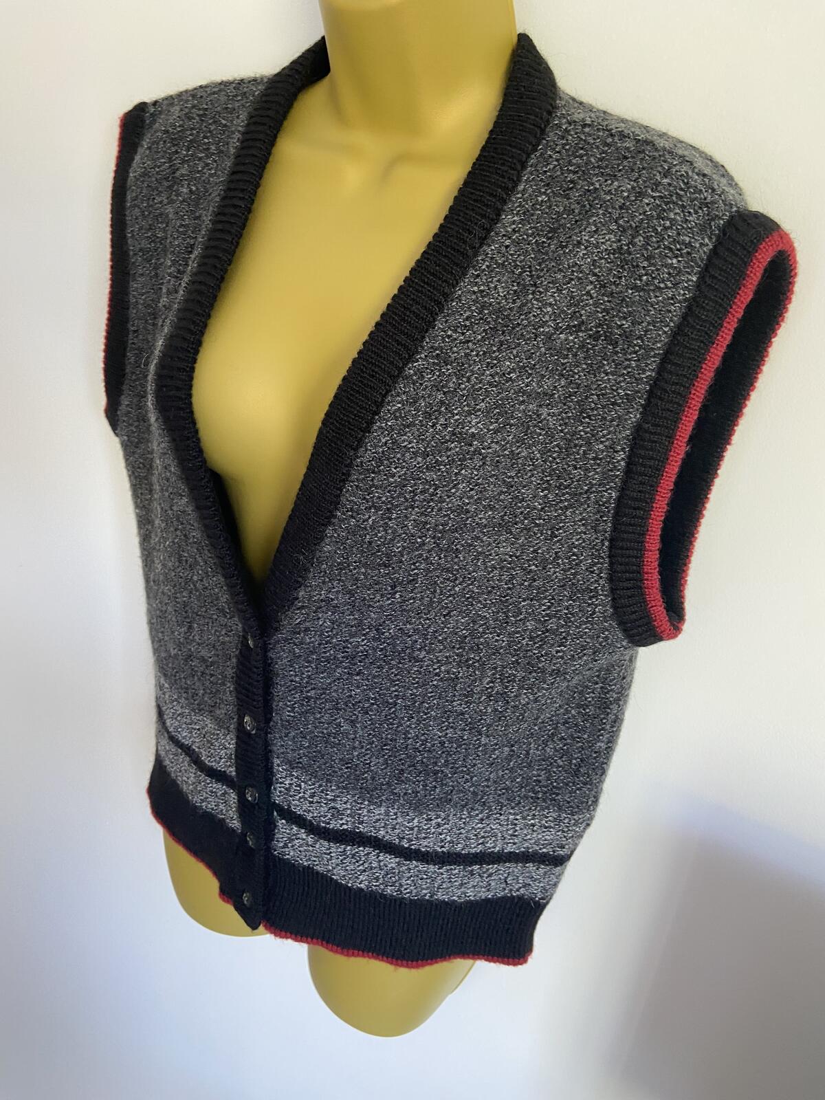 Dereta Grey, Black & Red Knitted Sleeveless Cardigan Vest - Size Large