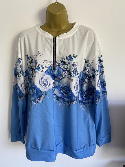 Shall We Blue & White Ombre Floral Rose 1/4 Zip Lightweight Sweater - Size Large