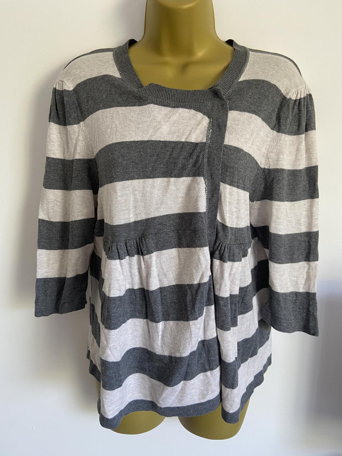 Topshop Petite Grey & White Striped Asymmetrical Knit Cardigan - Size 14