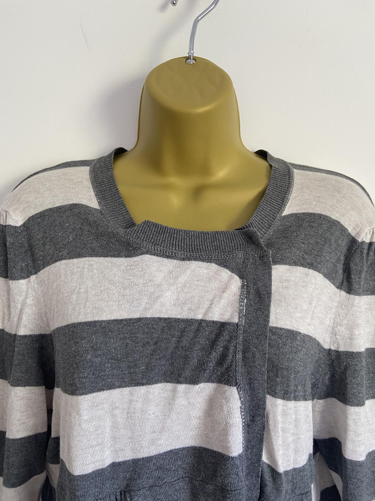 Topshop Petite Grey & White Striped Asymmetrical Knit Cardigan - Size 14
