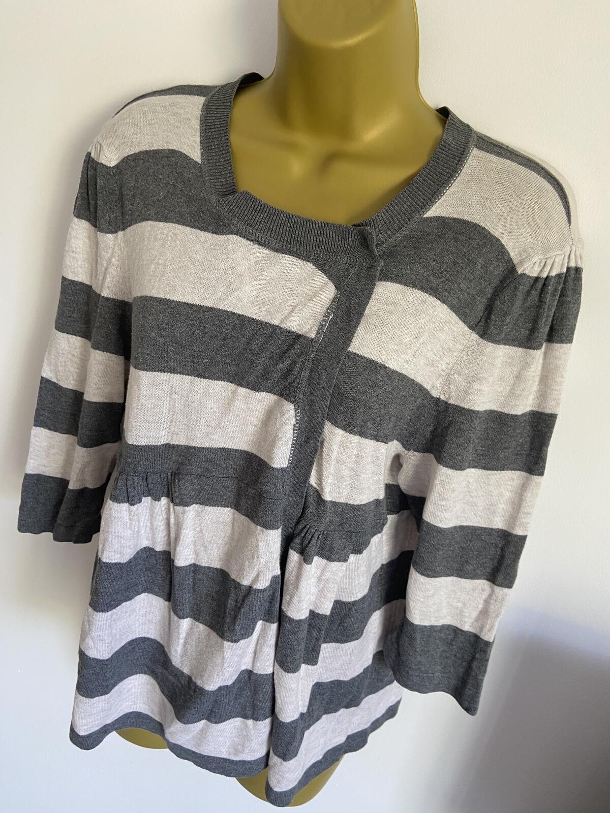 Topshop Petite Grey & White Striped Asymmetrical Knit Cardigan - Size 14