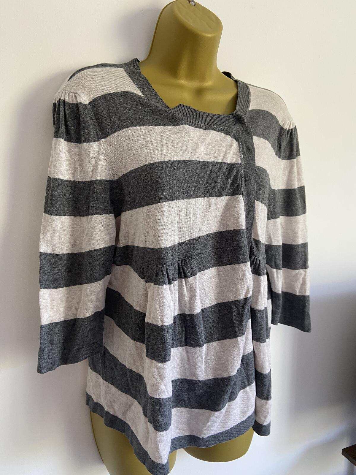 Topshop Petite Grey & White Striped Asymmetrical Knit Cardigan - Size 14