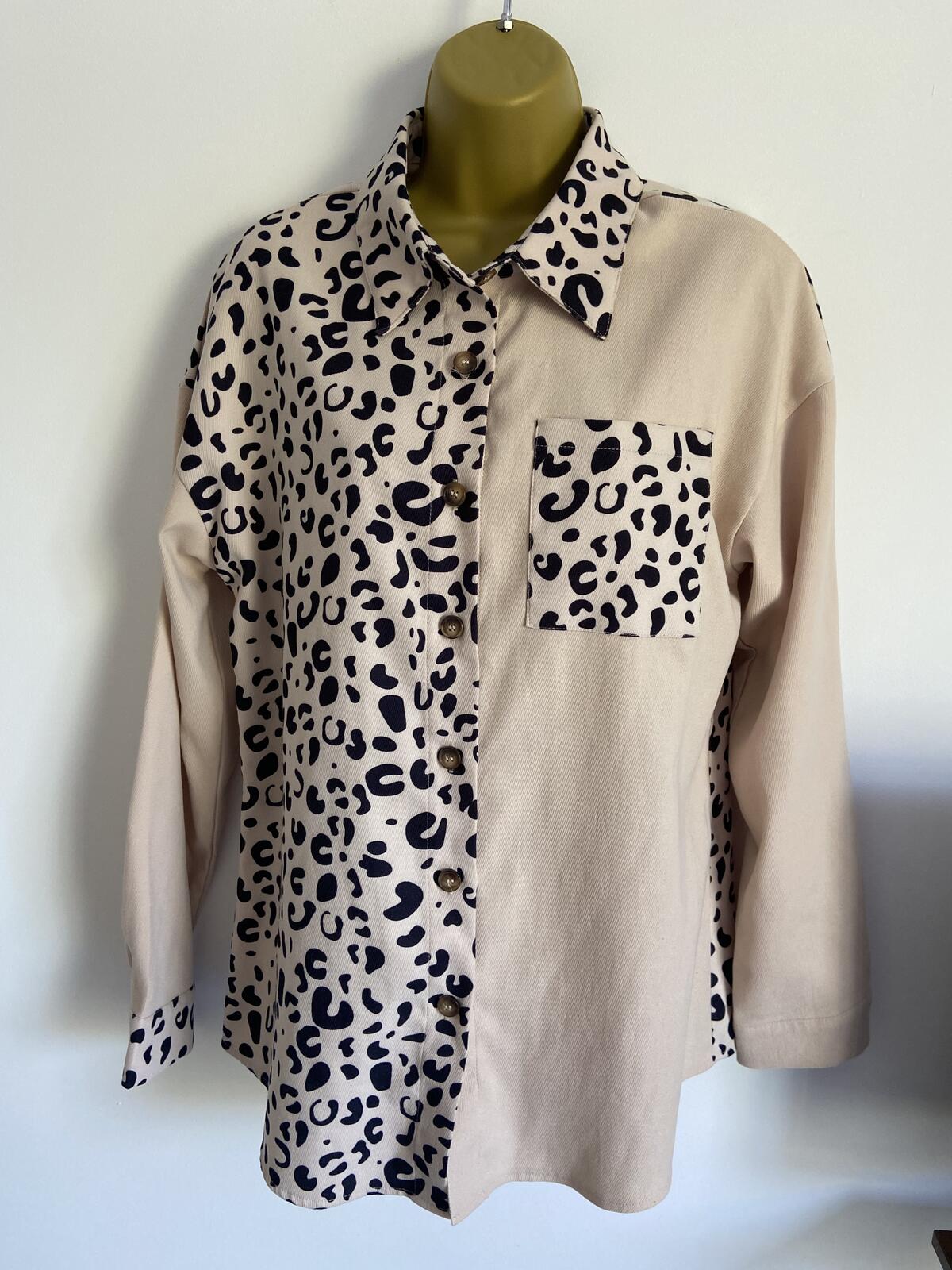 Shein Cream Leopard Print Half-and-Half Long Sleeve Shirt - Size Medium