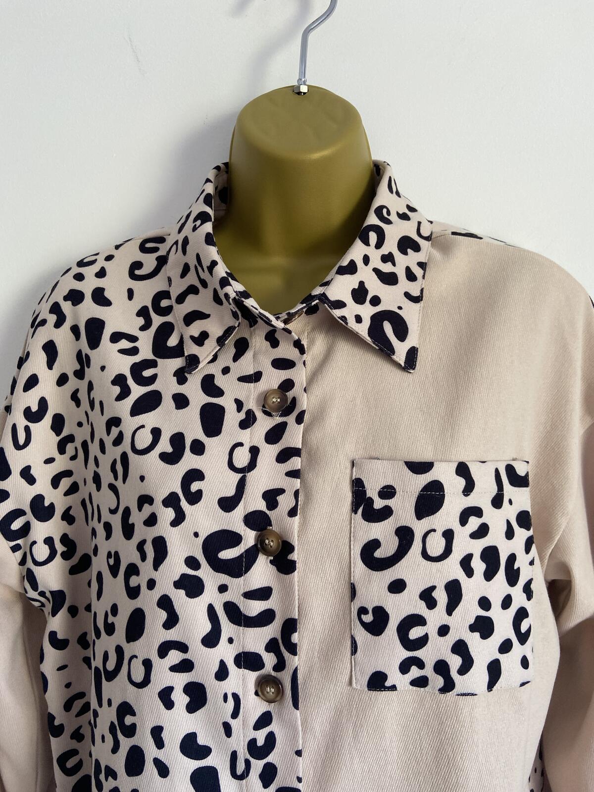 Shein Cream Leopard Print Half-and-Half Long Sleeve Shirt - Size Medium