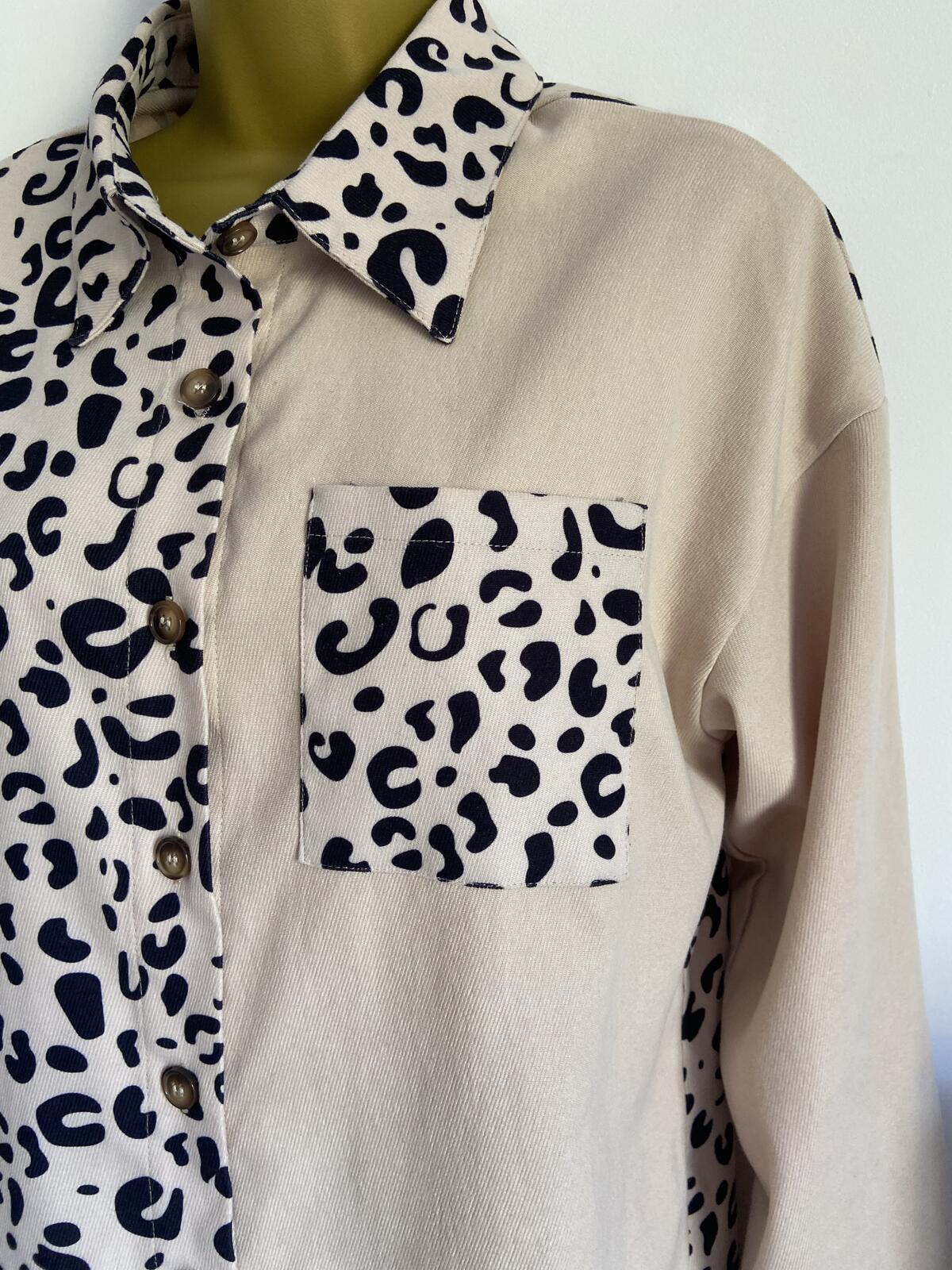 Shein Cream Leopard Print Half-and-Half Long Sleeve Shirt - Size Medium
