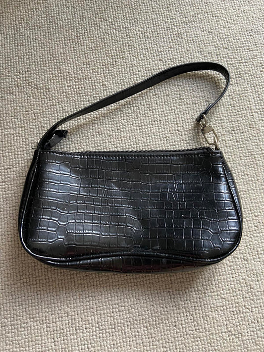 Black Patent Crocodile Print Shoulder Bag Shein - Zip Closure, Shiny Finish
