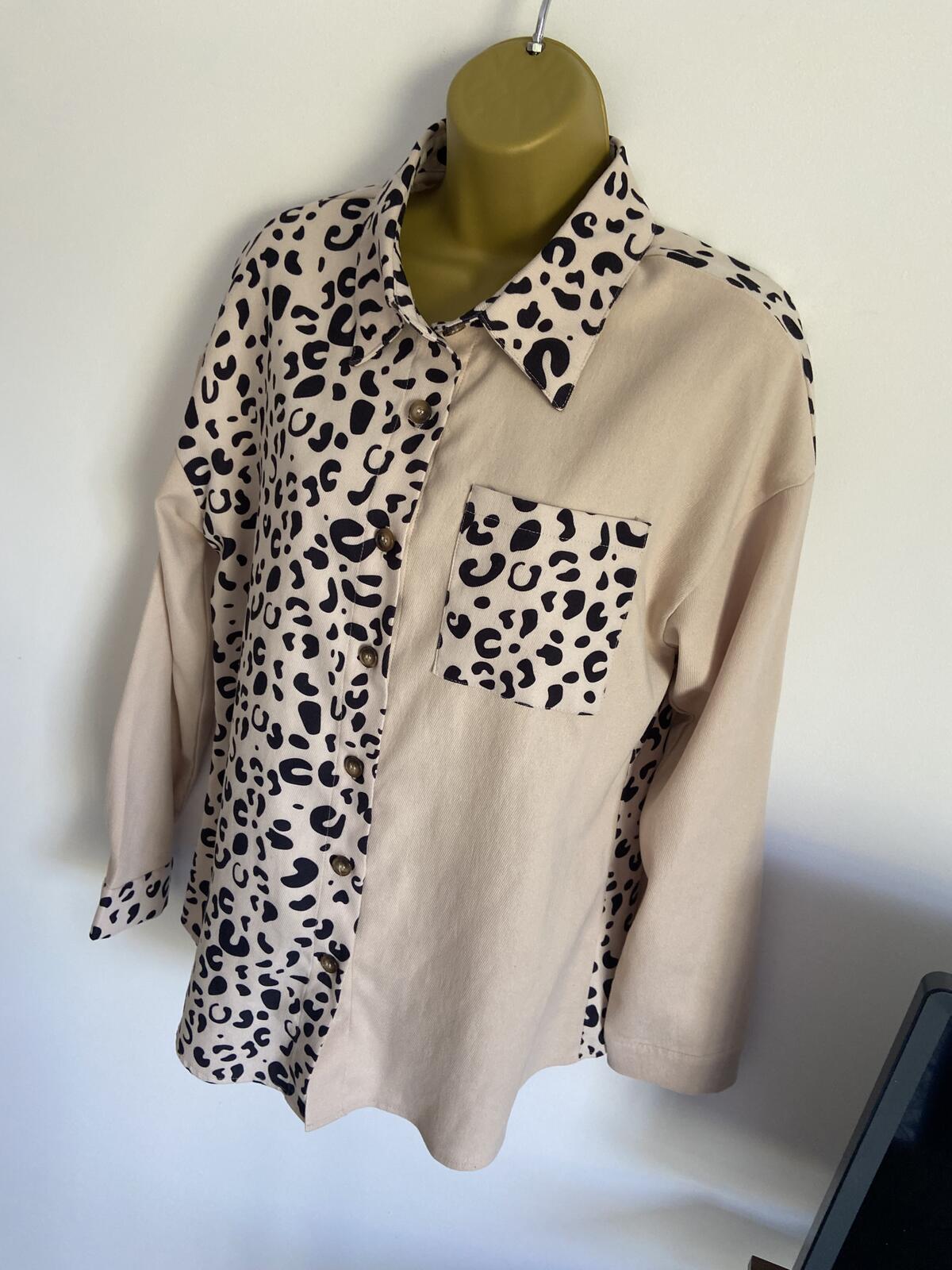 Shein Cream Leopard Print Half-and-Half Long Sleeve Shirt - Size Medium
