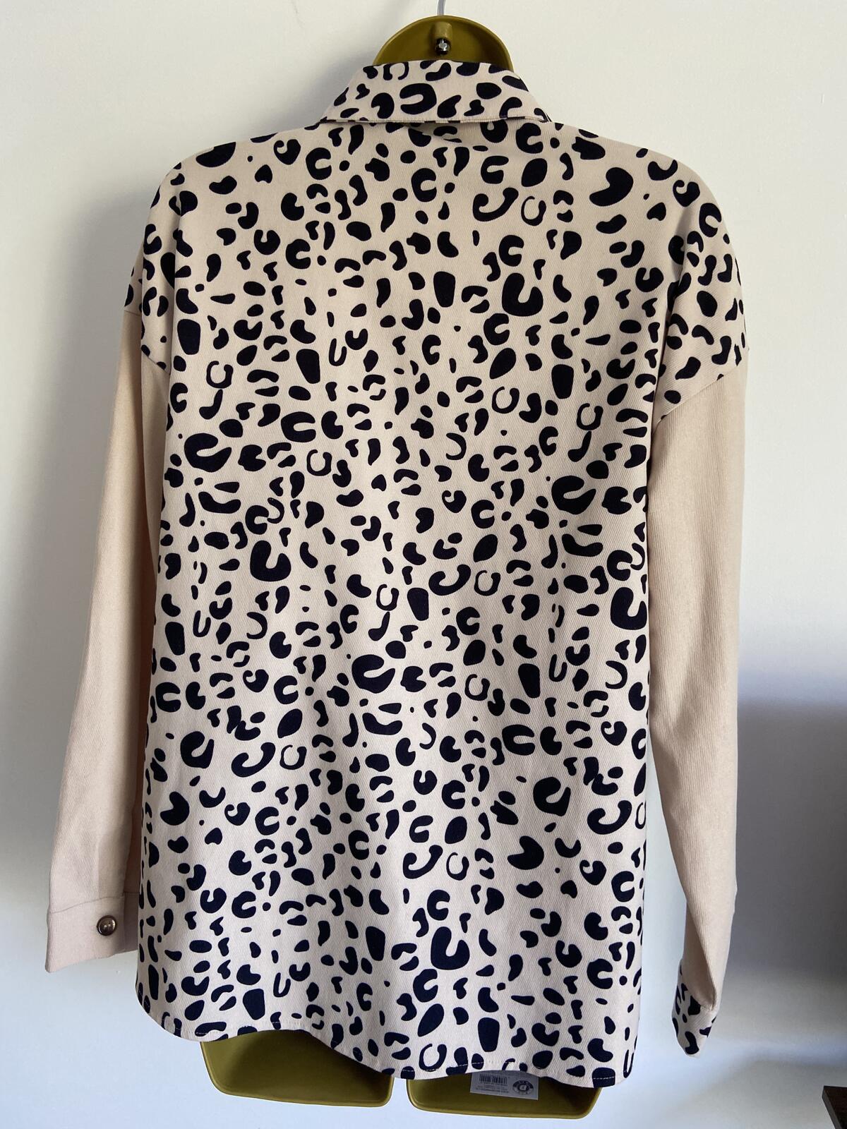 Shein Cream Leopard Print Half-and-Half Long Sleeve Shirt - Size Medium