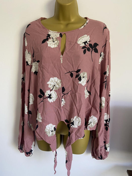 New Look Pink Floral Long Sleeve Tie-Front Blouse - Size 18