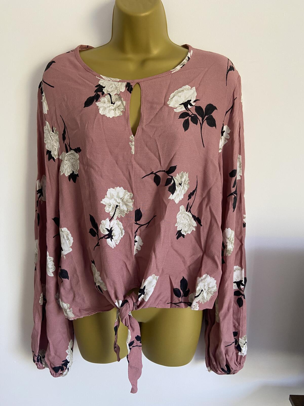 New Look Pink Floral Long Sleeve Tie-Front Blouse - Size 18