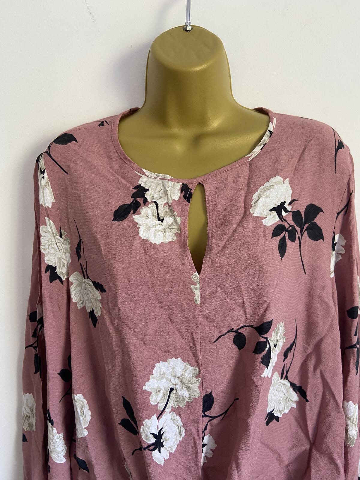 New Look Pink Floral Long Sleeve Tie-Front Blouse - Size 18