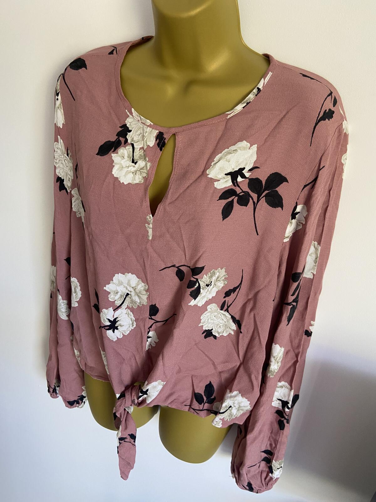 New Look Pink Floral Long Sleeve Tie-Front Blouse - Size 18