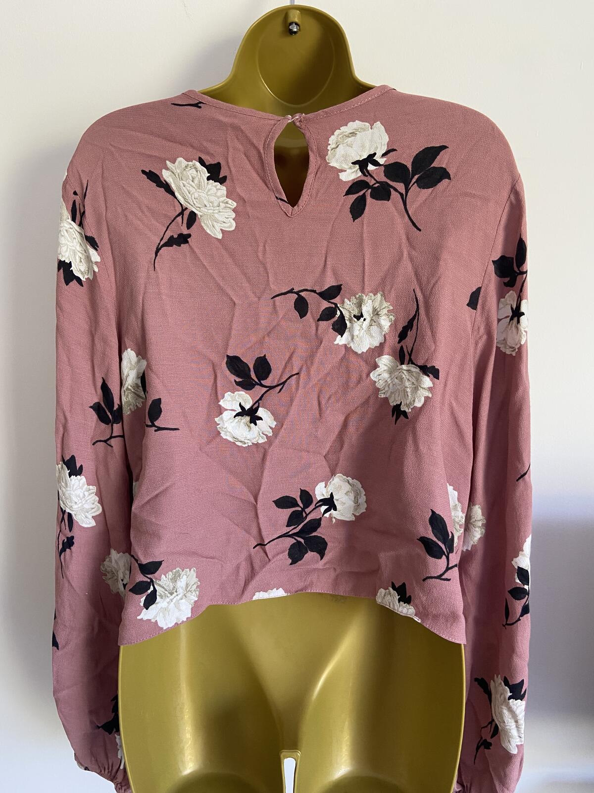 New Look Pink Floral Long Sleeve Tie-Front Blouse - Size 18