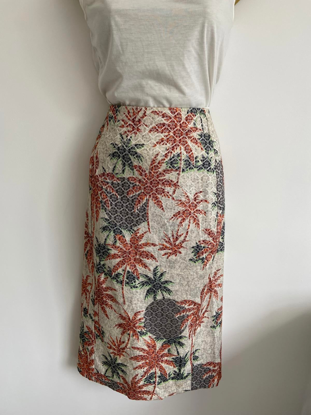 Topshop Size 8 Beige Gold Pencil Skirt with Palm Tree Print Back Split