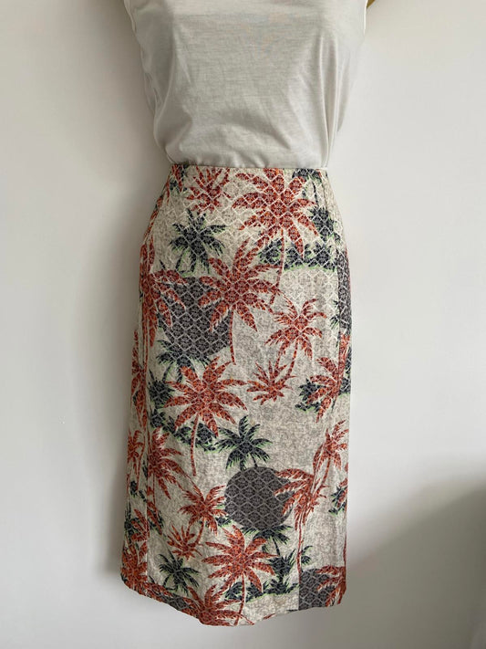 Topshop Size 8 Beige Gold Pencil Skirt with Palm Tree Print Back Split