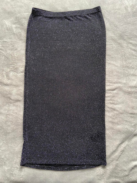 Oasis Size Medium Black Sparkly Metallic Pencil Skirt Elasticated Waist Stretch