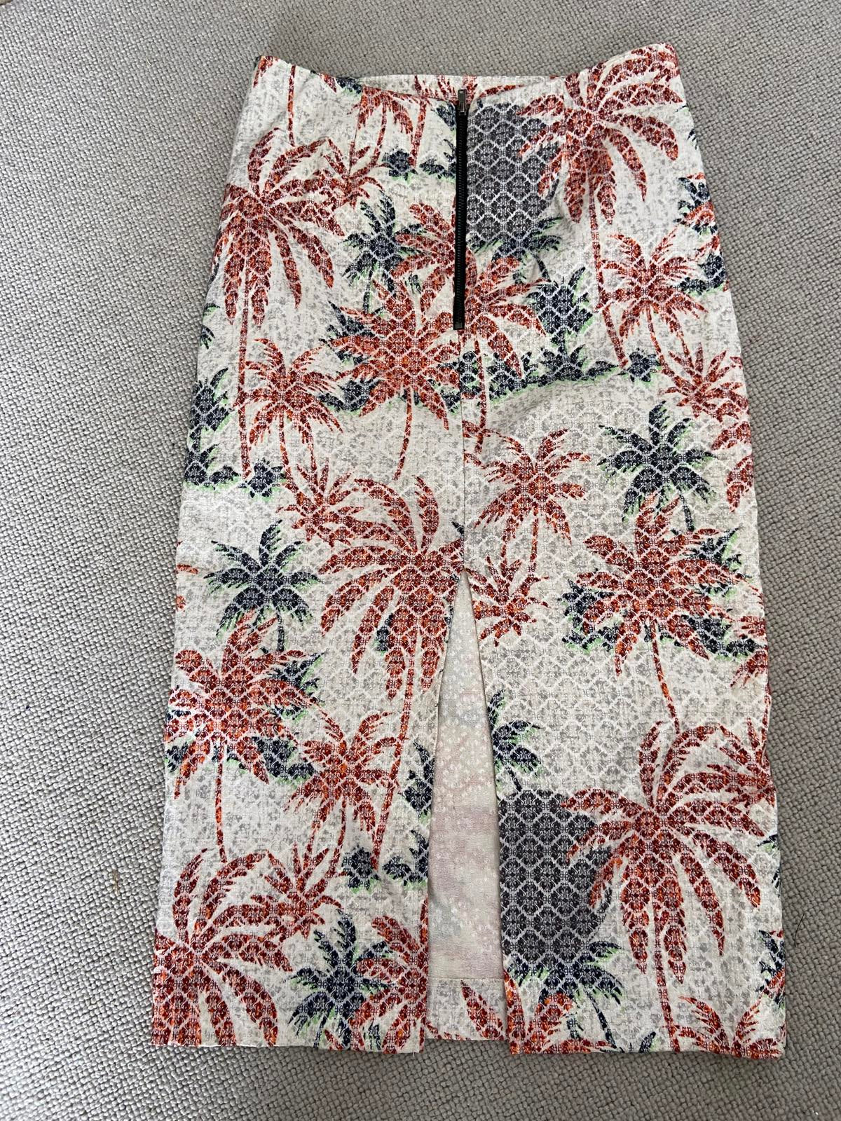 Topshop Size 8 Beige Gold Pencil Skirt with Palm Tree Print Back Split